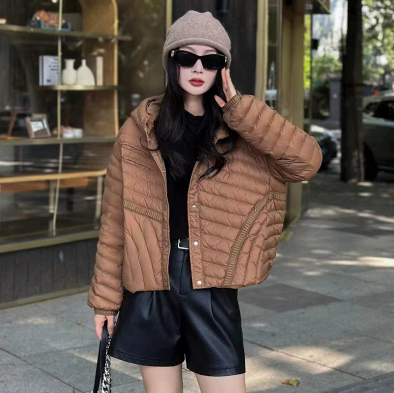 轻薄款连帽羽绒服女2025冬季新款时尚设计感绗线休闲白鸭绒面包服|undefined