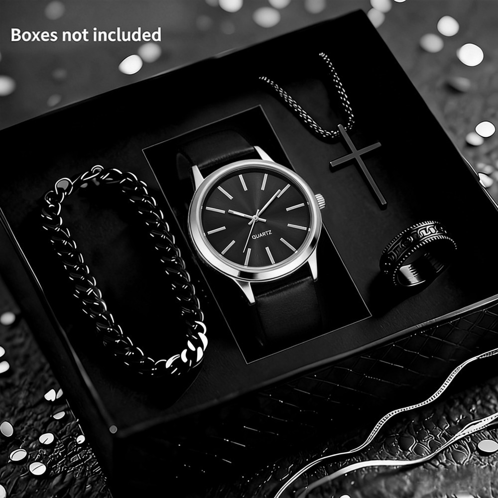 Men Quartz Watch Set With Bracelet Necklace Ring And Leather Strap_voghion.com