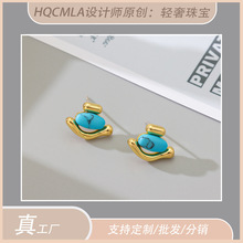 欧美原创设计绿松石金色电镀耳饰S925不规则高级感时尚轻奢耳钉女
