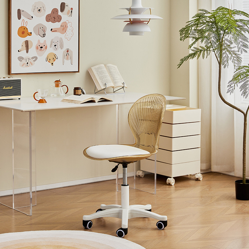 升降旋转椅子家用卧室办公椅子ins风滑轮实木贝壳椅 亚克力透明椅