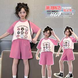 女童甜甜圈印花拼色夏季套装2026新款中大童休闲时尚可爱洋气清凉