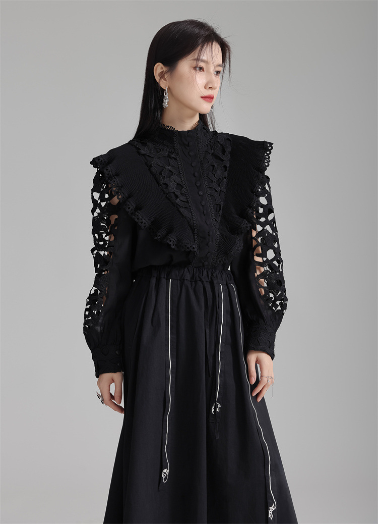 法米姿 早春新款宫廷风法式刺绣镂空衬衫显瘦别致立领上衣