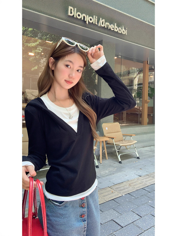 美式拼接假两件长袖t恤女2025早秋新款褶皱收腰显瘦正肩短款上衣|undefined