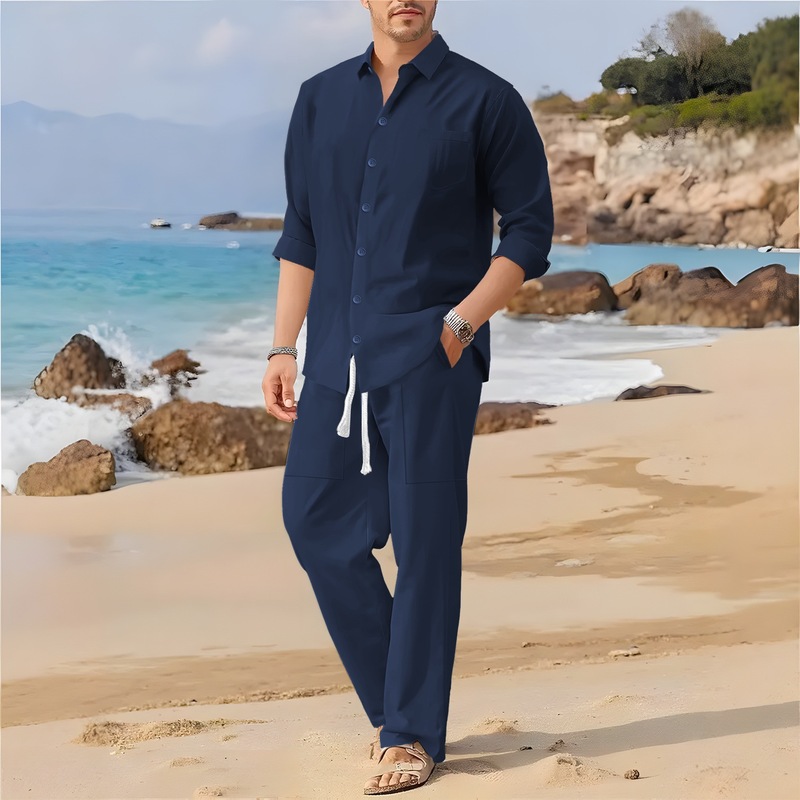 春秋季跨境新款男士全棉翻领口袋长袖衬衫长裤套装休闲户外两件套|undefined