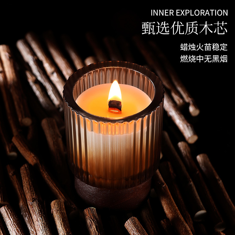 疏影琉璃条纹杯香薰蜡烛木质蜡芯伴手礼香薰白噪音蜡烛高级感香氛|undefined
