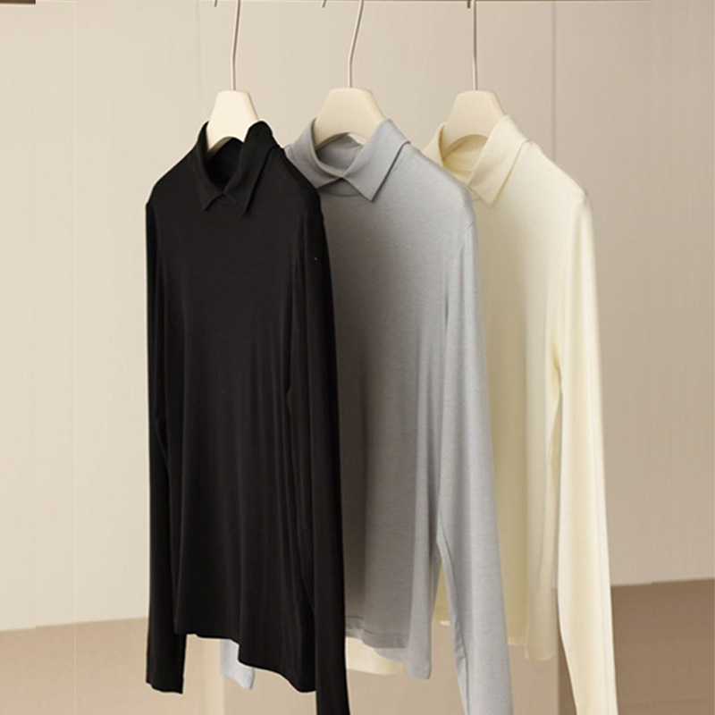 In-Stock Women's Base Layer Shirt 2026 Spring Silk Wool Polo Collar Design White Simple Long-Sleeve T-Shirt