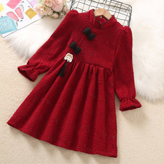 Girls red dress plus velvet cheongsam princess dress Chinese style New Year children's New Year skirt retro New Year's greeting dress