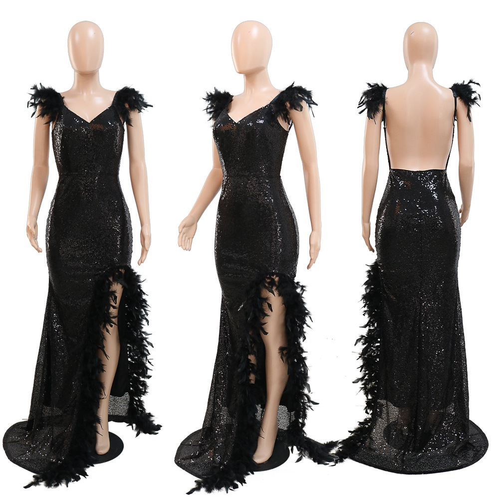 Women's Strap Dress Sexy V Neck Sequins Slit Feather Sleeveless Solid Color Midi Dress Party display picture 4