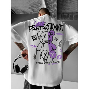 2025 Summer New Men's T-shirt Fashion Letter Bear Print Patt