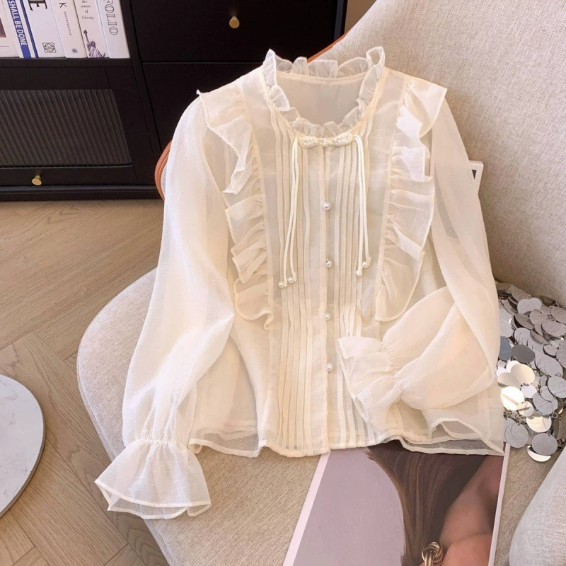 Нежная шифоновая рубашка с французским кружевом и рюшами для женщин, новый весенне-осенний дизайн, шикарная блузка, стильный топ.