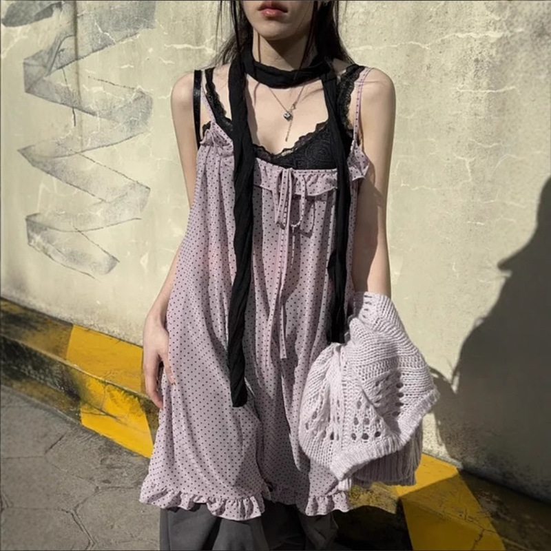 Three-color summer new South Korea ins polka dot Y2K style polka dot fungus lace strap chiffon skirt Japanese cute