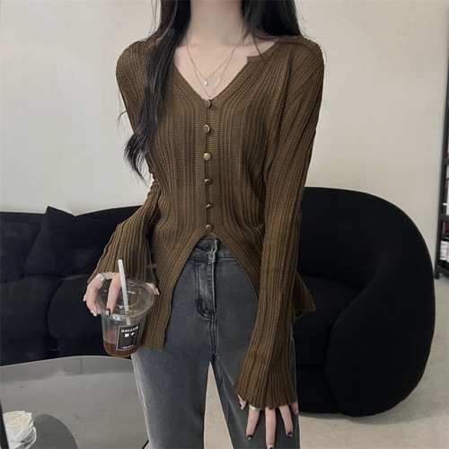Caramel Color Split V-Neck Marled Knit Long-Sleeve Base Layer Top for Women - Spring Fitting Slim Design Women's Innerwear T-shirt