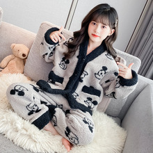 儿童家居服加厚保暖女童卡通开衫法兰绒套装中大童男孩秋冬季睡衣