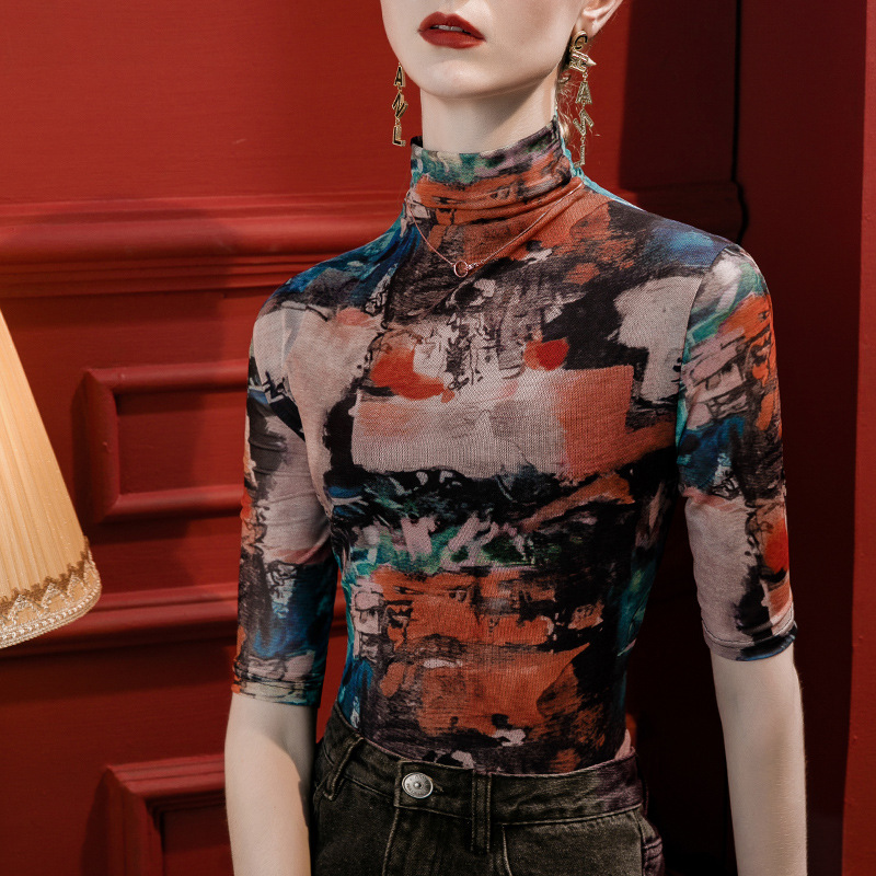 세로 칼라 메쉬 프린트 베이스 레이어 셔츠 여성용 반소매 슬림핏 2023 가을 중간 소매 스타일리시 탑 올매치 스몰 셔츠