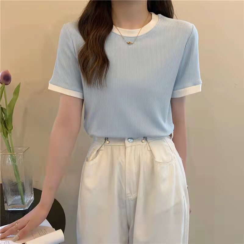 Contrast Color Ribbed Regular Shoulder Short-Sleeve T-Shirt for Women, Summer 2026 New Versatile Slim-Fit Design Student Half-Sleeve Top