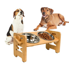 竹木狗碗架宠物双碗食盆中小型犬可调节木架猫狗护颈喂食器