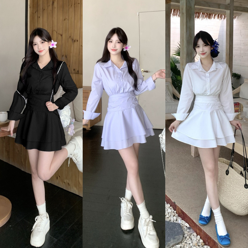 Casual Slimming Look Pure Color Long-Sleeved Dress for Women Spring & Fall New V Neck French Skirt Waist Chiffon Skirt