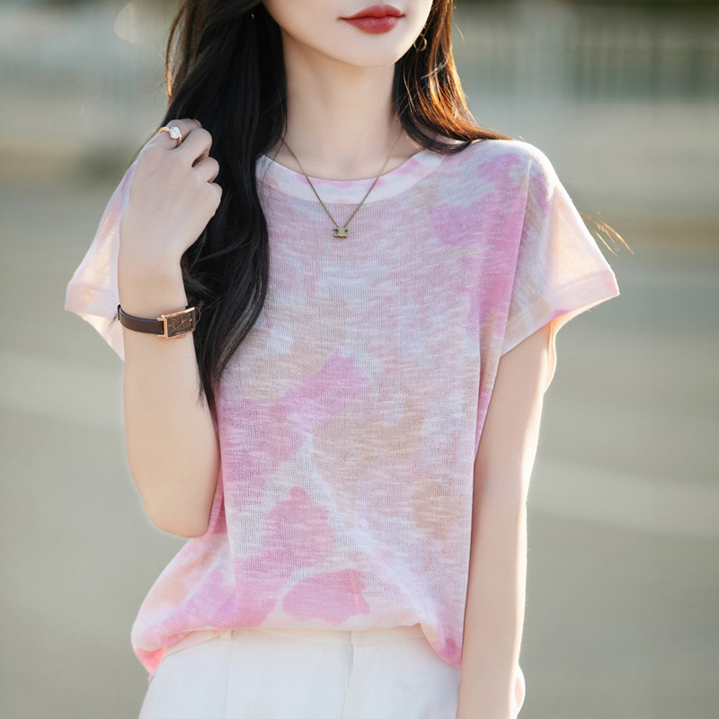 2025 Summer New Round Neck Short-Sleeved Knitwear for Women, Thin Large Size Loose T-Shirt, Women's Fashion Top
