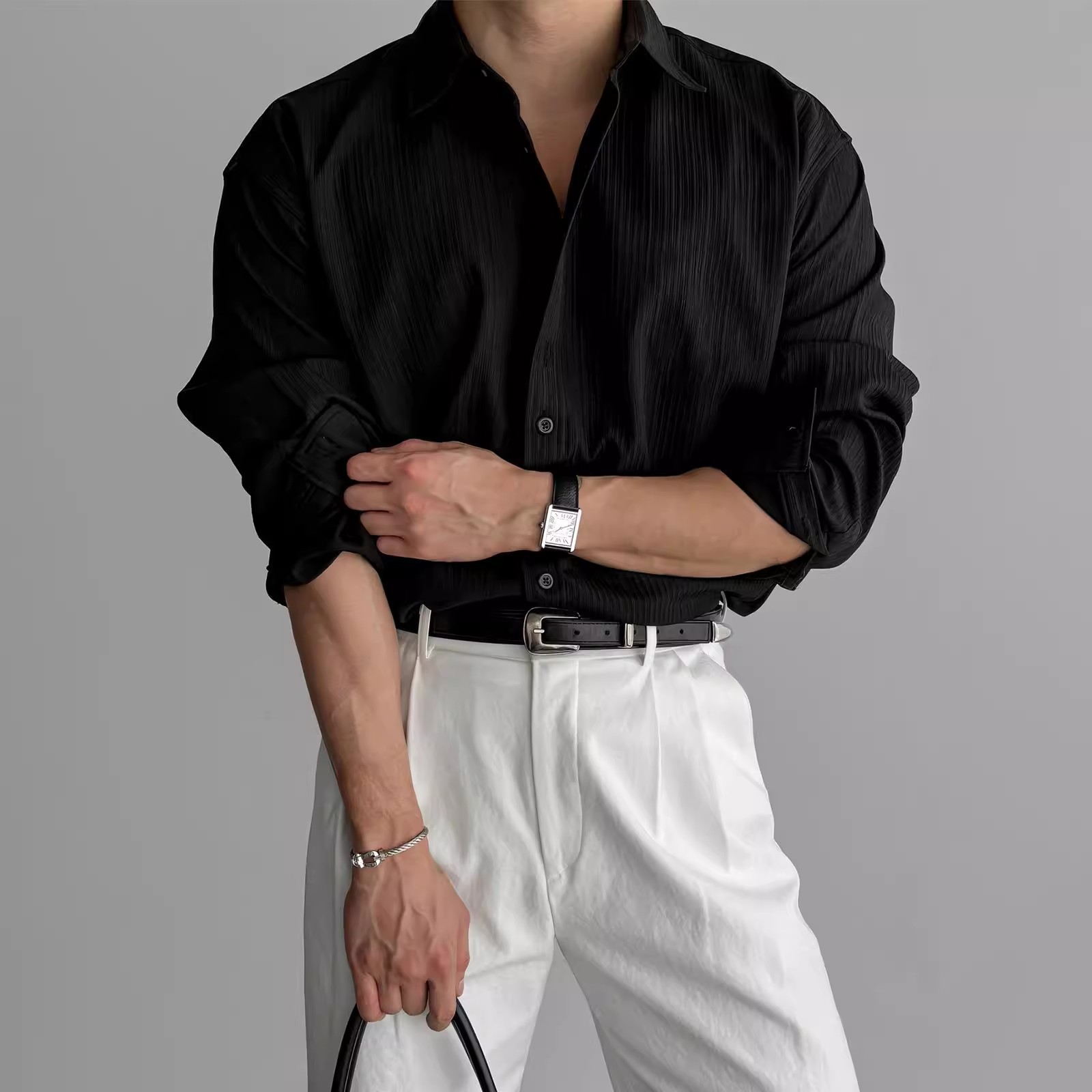 Black Long-sleeved Shirt Men's High-end Vertical Stripe Light Mature Style Shirt All-match Non-iron Casual Business Shirt