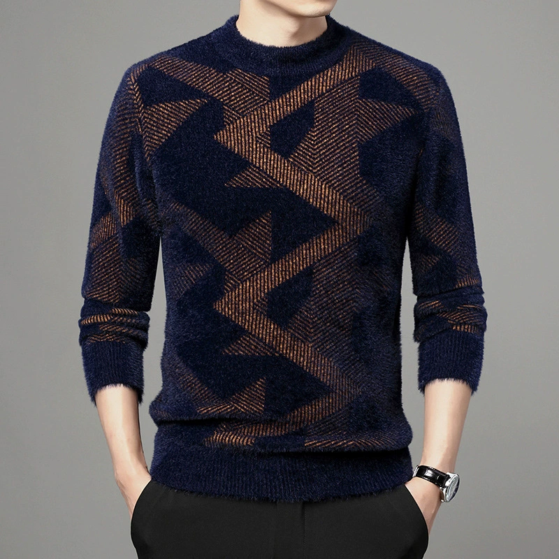 Свитер из искусственного бархата с круглым вырезом, мужской модный Повседневный Зимний вязаный мужской свитер, мужской свитер для молодых и средних лет, Базовая рубашка