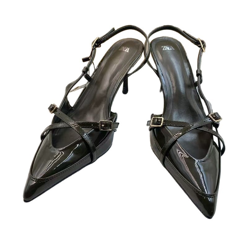 2026 new pointed cross metal decorative buckle with fine heel, empty back strap, high heels, fashionable and sexy sandals for women