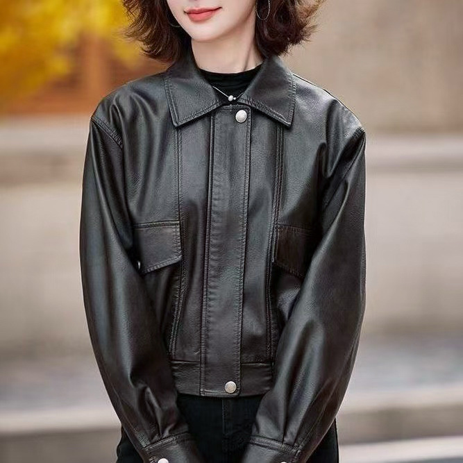 Cross-Border Foreign Trade Spring and Autumn Leather Jacket, Simple and Stylish, Fashionable and Versatile, Pocket Biker Jacket, Pu Leather Jacket, Women's Outerwear