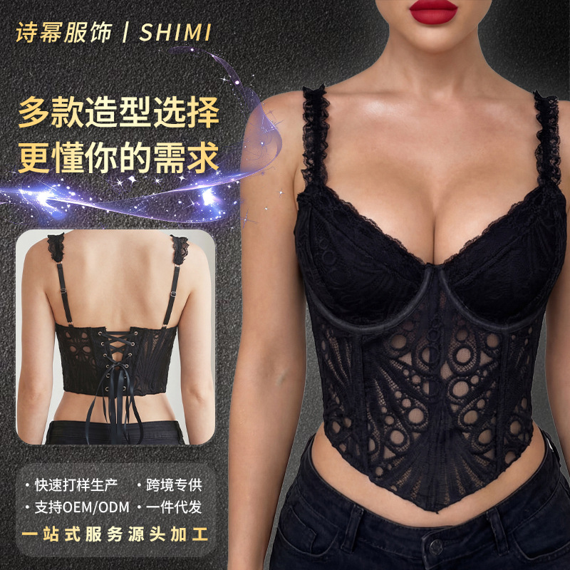Sexy lace fishbone corset, American retro style, lace-up waist cincher, slim-fit short camisole top for hot girls, cross-border supply