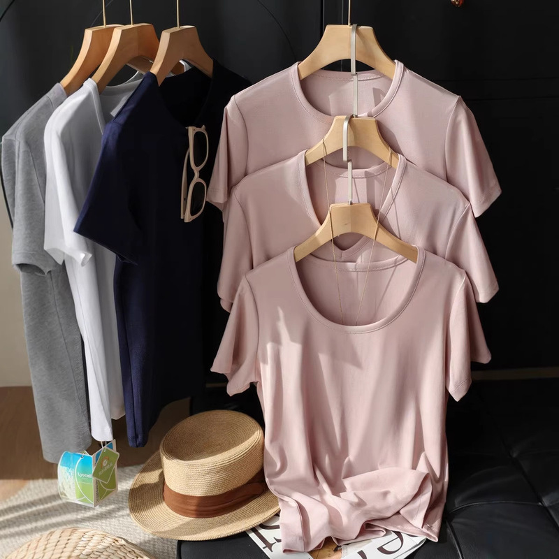 High-density, soft matte finish, cool to the touch, 91% Lyocell, round V-neck, basic versatile Tencel short-sleeve T-shirt for women, new for summer