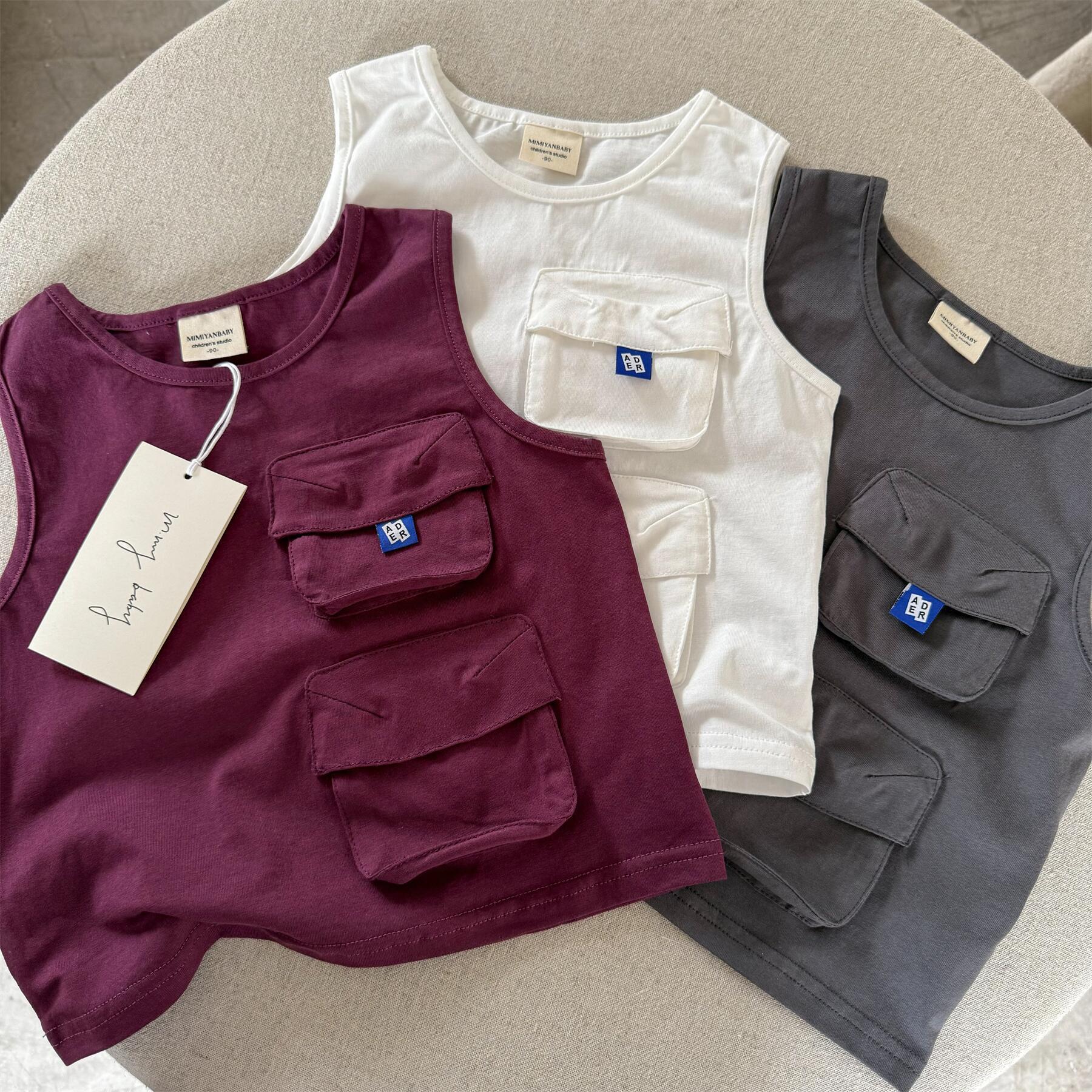 Chaleco de limón salado para siete niños 25 verano niños y niñas bolsillo japonés herramientas sin mangas T bebé para niños camiseta de algodón de estilo occidental