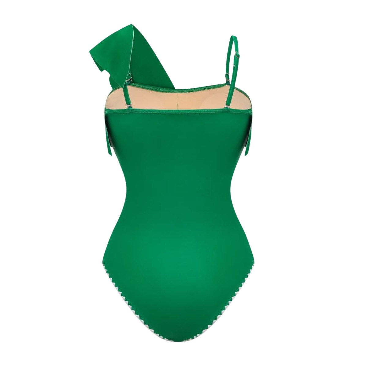 One-Shoulder Ruffle Monokini Swimsuit - Eco-Friendly Quick-Dry Swimwear Set With Sarong (Green Floral/Solid, Sizes S-XL)_ecoleips.com