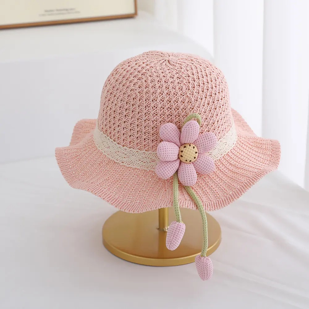 Sombrero de paja para niños, niños y niñas, sombrilla, sombrero de pescador, viento de princesa de verano, sombrero de sol, sombrero de paja de playa con lazo de flores