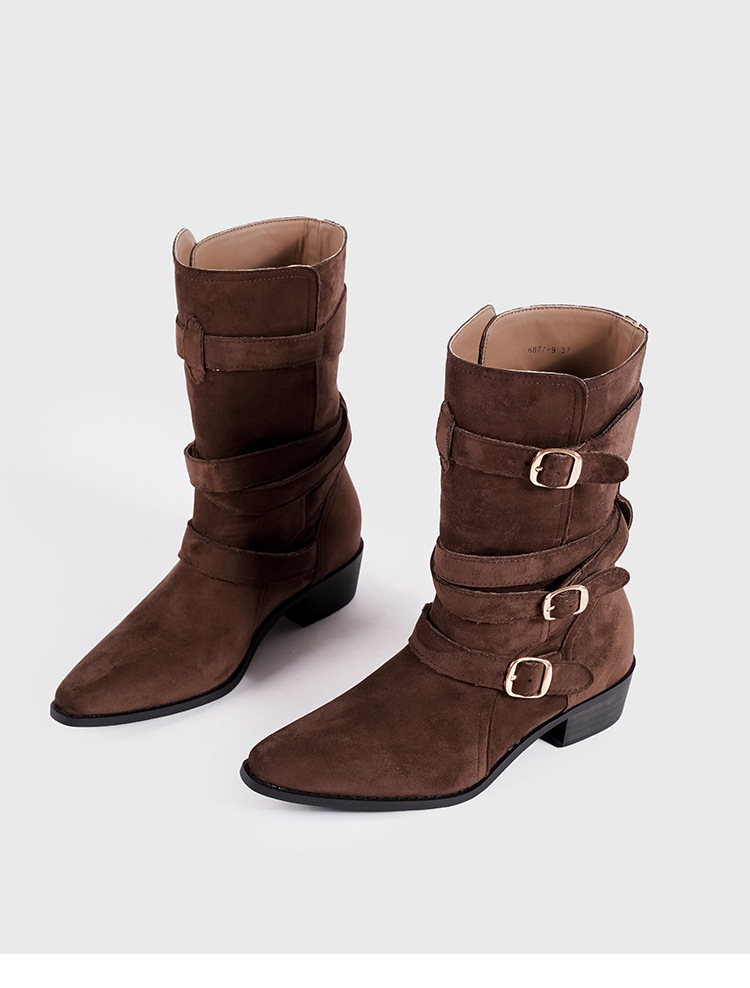 Spetsiga Knight-stövlar för kvinnor Hösten 2024 nya brittiska stövlar med spänne i västerländsk stil, mellanhöga Martens-stövlar för kvinnor_voghion.com