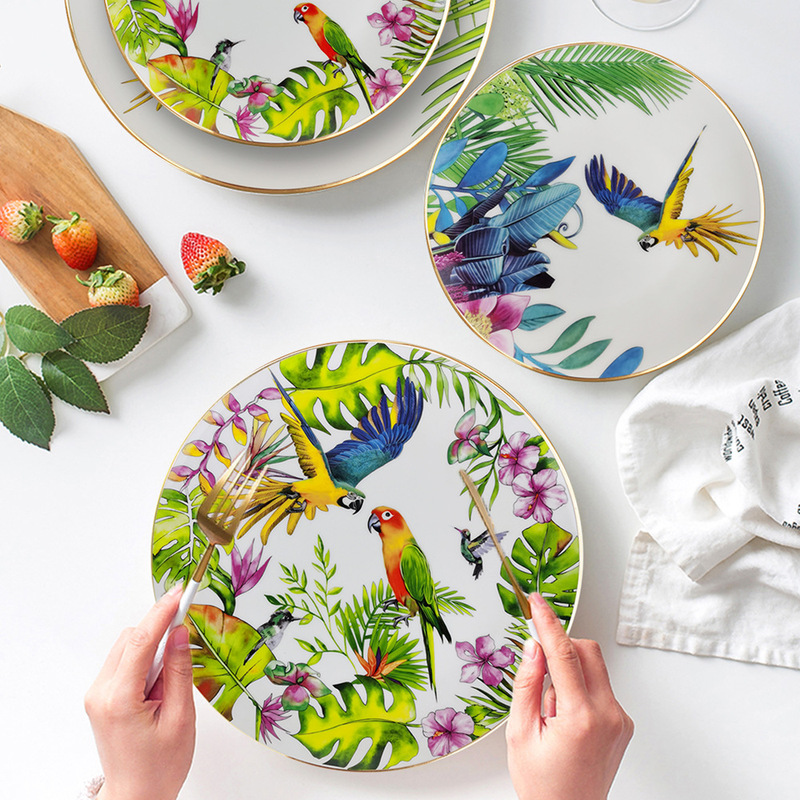 New Parrot Bone China Tableware Set Bohemian Style Phnom Penh Western Food Plate Household Bowl Plate Cake Rack