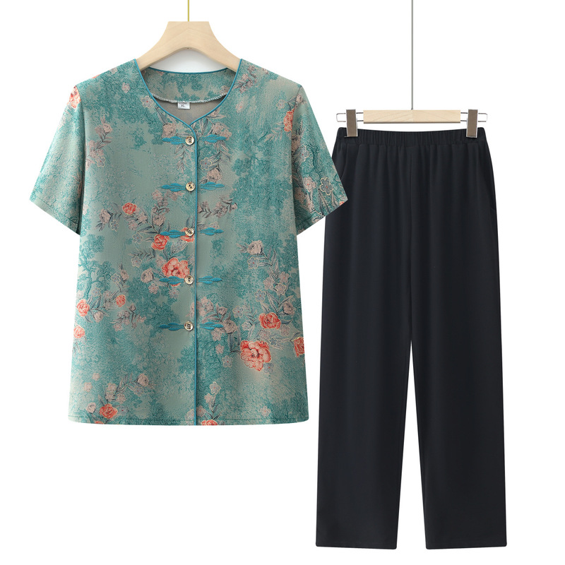 Mother's Floral Clothes Old Lady's Grandma's Summer Short-sleeved Shirt Thin Middle-aged and Elderly Women's Tang Coat suit