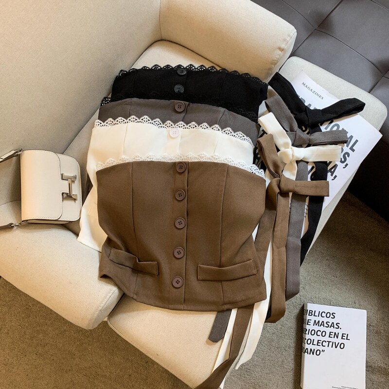 Ribbon+Sexy Lace Trim Tube Top with Single-Breasted Short Crop Top for Women, Spring and Summer