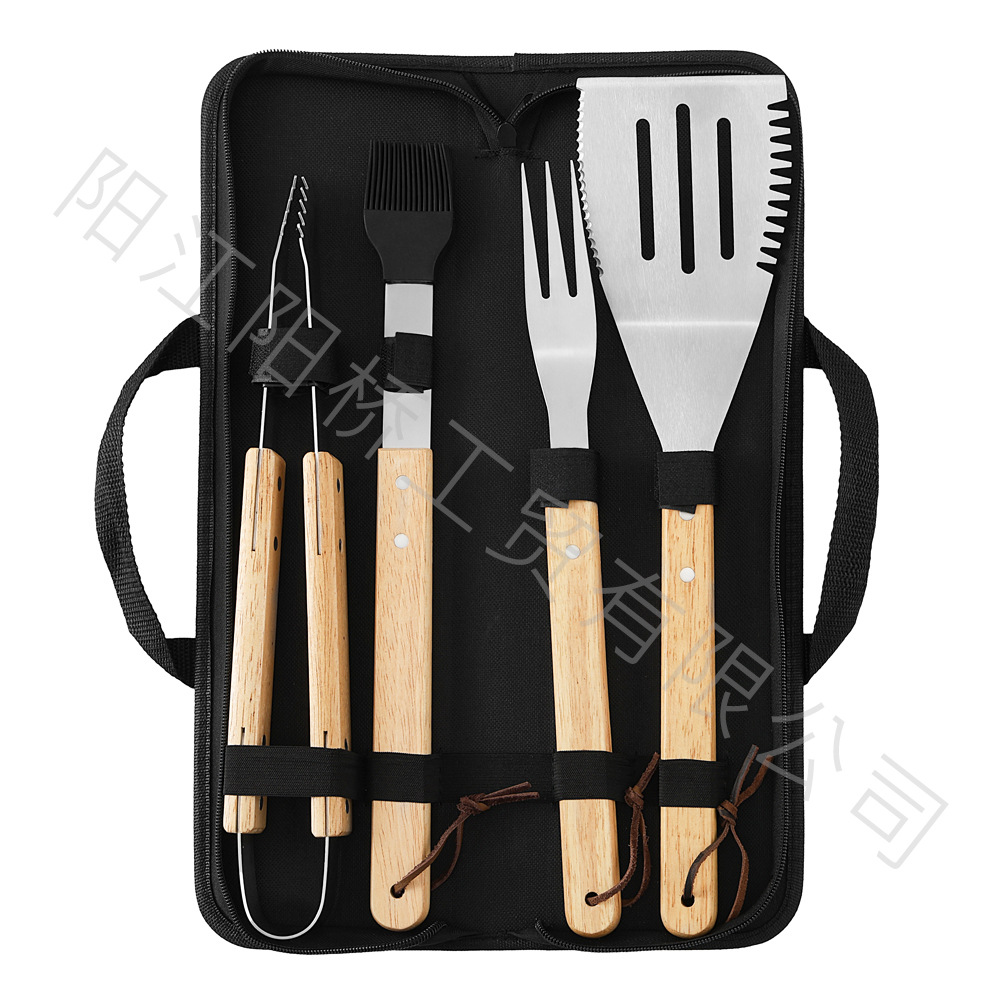 Fábrica de acero inoxidable en stock BBQ camping mango horquilla bolsa de cascada combinación de herramientas de barbacoa al aire libre