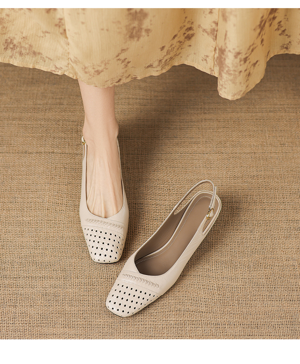 Sandal nữ gót thấp 3.5 cm mũi kín quai ngang khóa một chữ — Sương mù xanh chi tiết 9