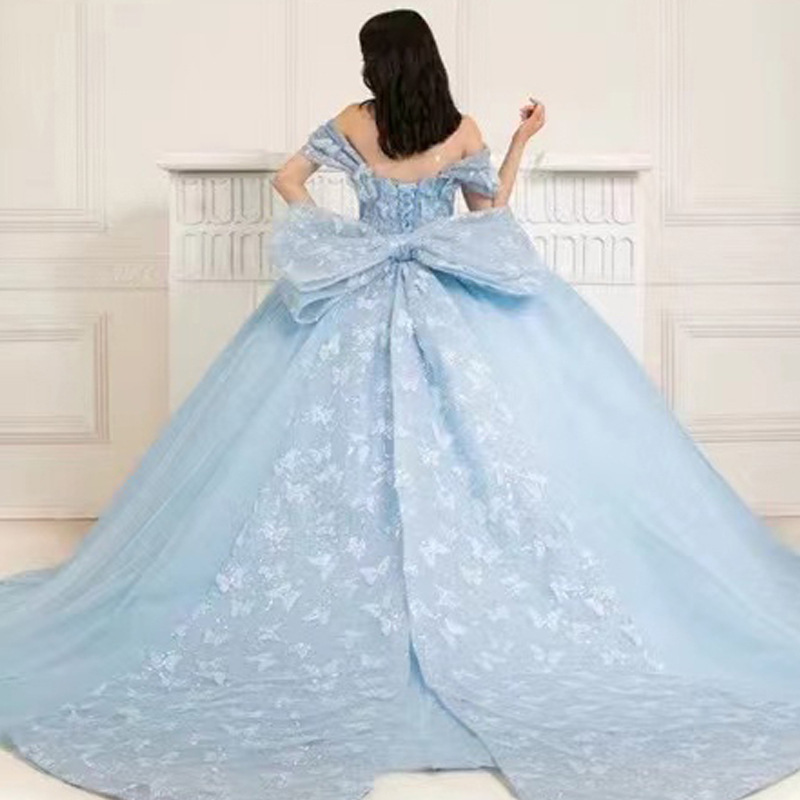 Vestido de noche con correa de hombro de una línea Vestido de princesa de fiesta de cumpleaños con nudo de mariposa grande de estilo occidental