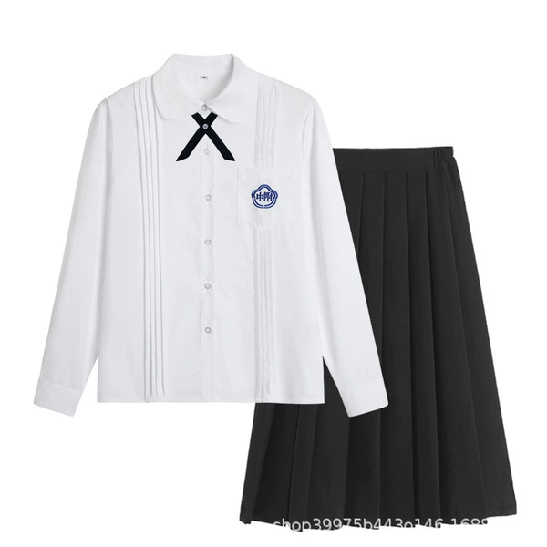 Girls' High School Shirt Long Sleeve + Cross Knot + YKK Black Midi Skirt