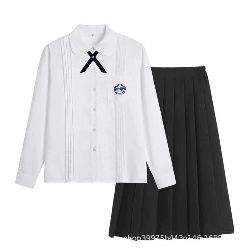 Uniform, shirt, student pleated skirt, set, long-sleeve, brace, with embroidery