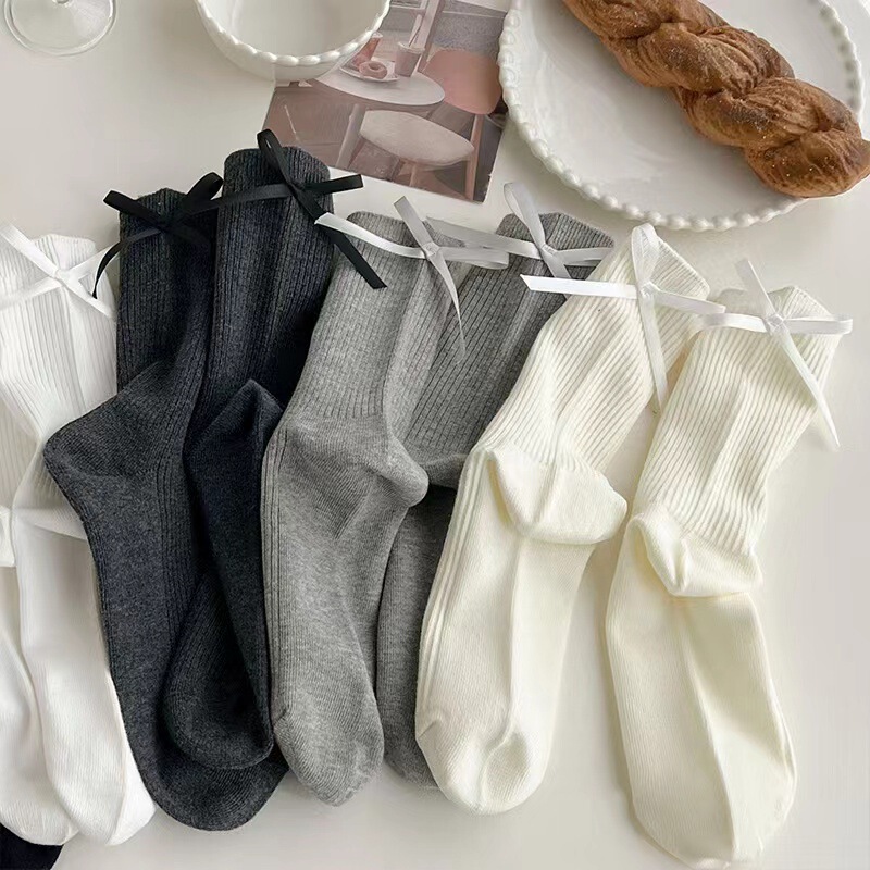 Autumn and Winter Milky White Jk Socks for Women, Mid-Calf Socks, Gray Double-Needle Solid Color Cotton Socks, Japanese Style Bow Versatile Slouch Socks Autumn and Winter Milky White Jk Socks for Women, Mid-Calf Socks, Gray Double-Needle Solid Color Cotton Socks, Japanese Style Bow Versatile Slouch Socks