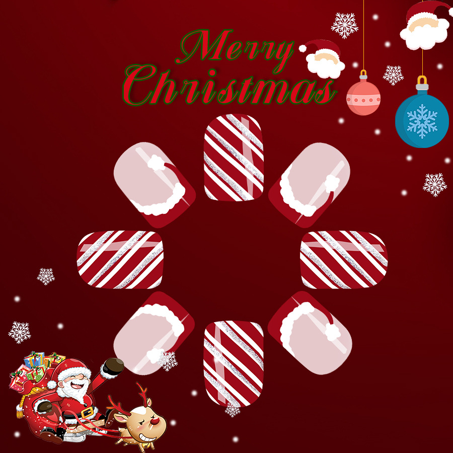 Armure carrée courte à paillettes 2024 Nouvelle manucure de Noël Rayure pailletée rouge et blanche Manucure chapeau de Noël mignon 24 pièces_voghion.com