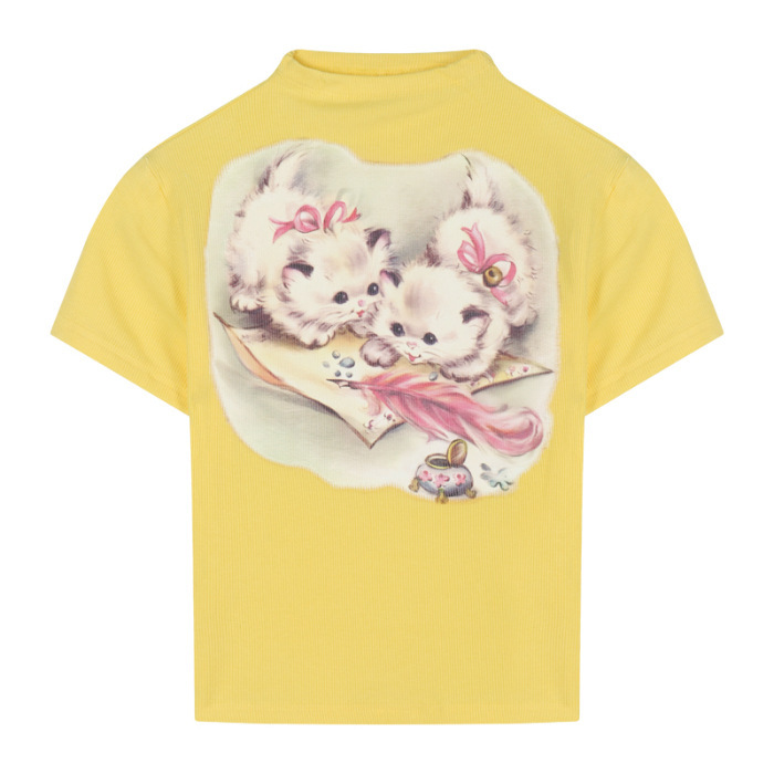 純粋な欲望の甘いギャルの猫のプリントの高襟の正肩の半袖のtシャツの女性の夏の修身の短い黄色の正肩の上着|undefined