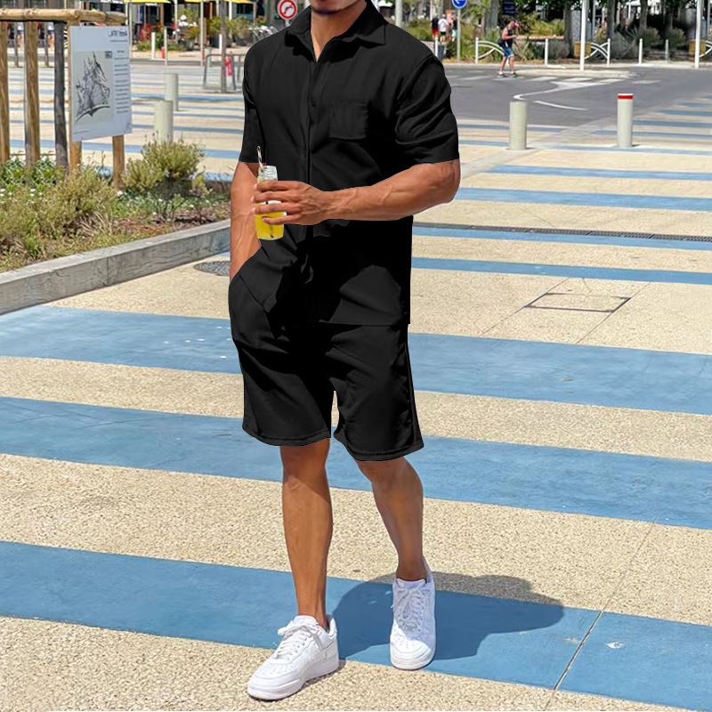 2023 en stock pantalones cortos de manga corta de verano transfronterizos europeos y americanos traje elástico solapa delgada suelta traje de hombre de color sólido