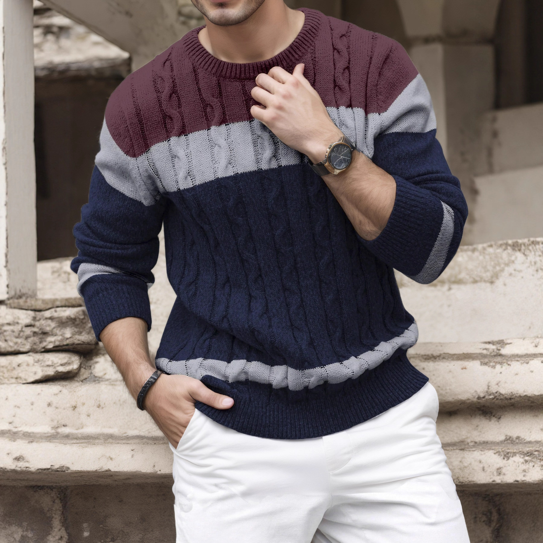 Loose Version Round Neck Knitted Sweater New Men's Color Block Round Neck Sweater European and American Pullover Multi-Color 6002