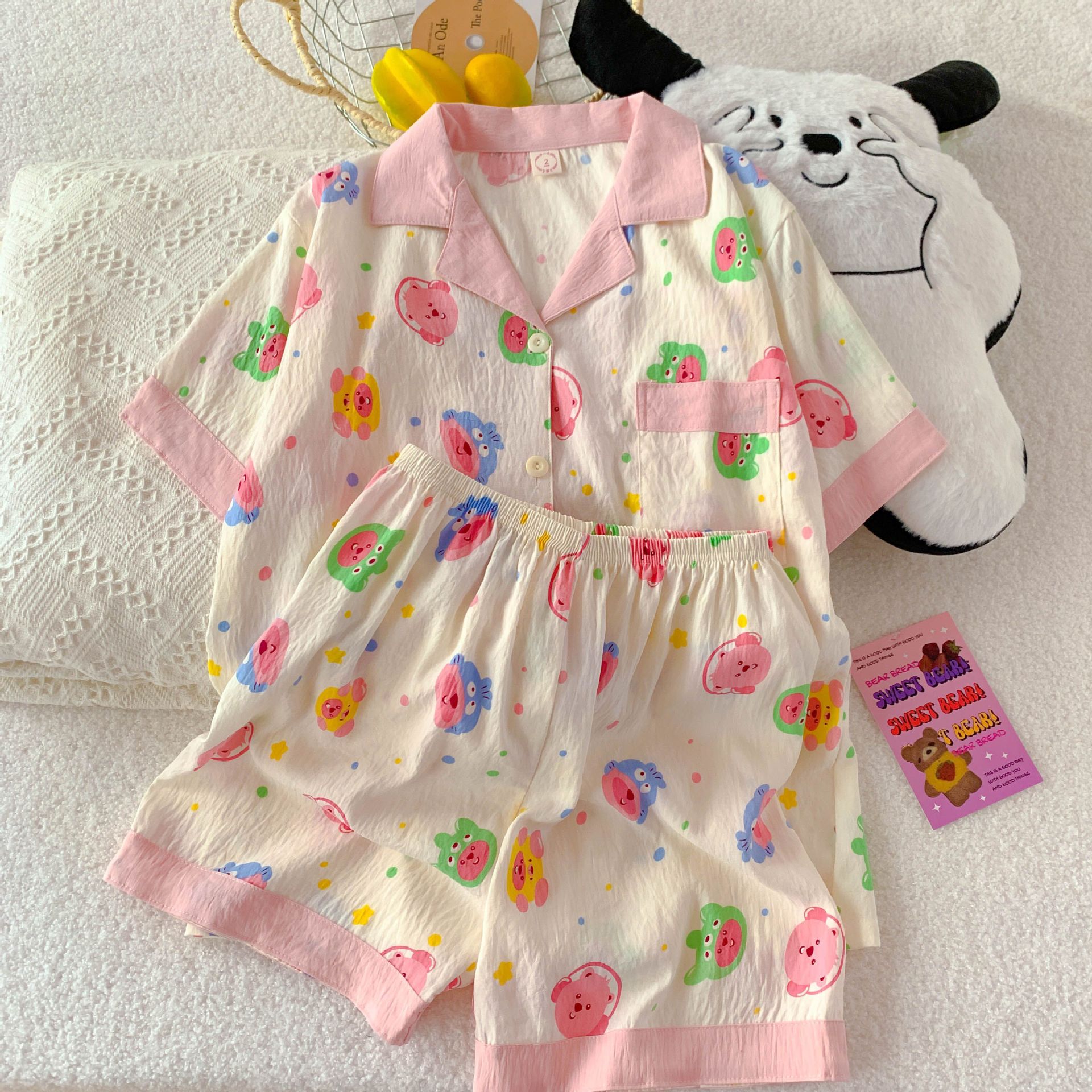 Pequeño libro rojo recomienda verano nuevo pijama de mujer nubes de algodón con solapa cardigan de manga corta pantalones cortos dulces dibujos animados ropa para el hogar