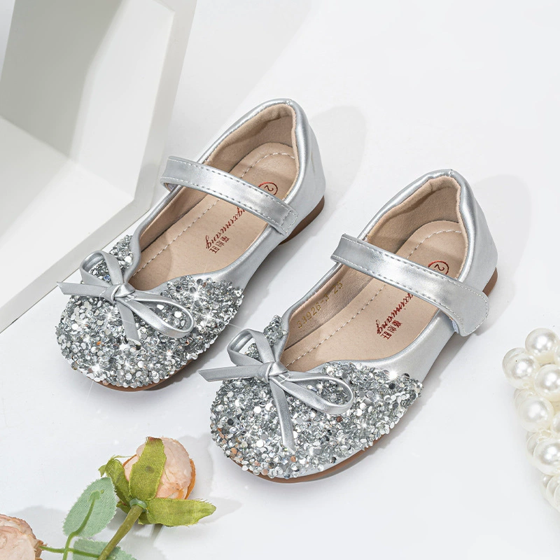Туфли принцессы для девочек, туфли Эльзы с кристаллами, весна-осень 2025, мягкая подошва, блестящие стразы, детские кожаные туфли, балетки для маленьких девочек.