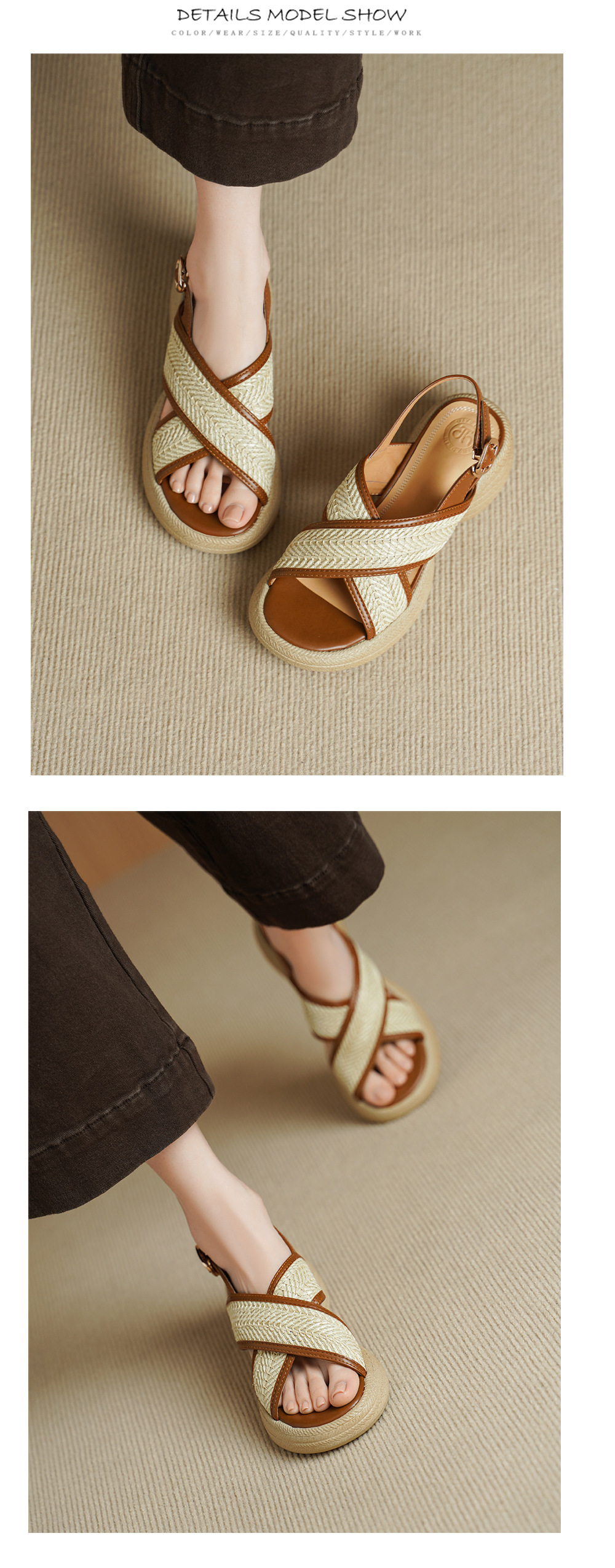 Sandal nữ cao gót mũi hở quai chéo khóa một chữ, đế dày gót thô — Màu nâu nhạt chi tiết 10