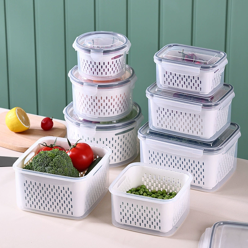 Double‑layer draining food storage box, transparent food‑grade, multiple sizes & sets