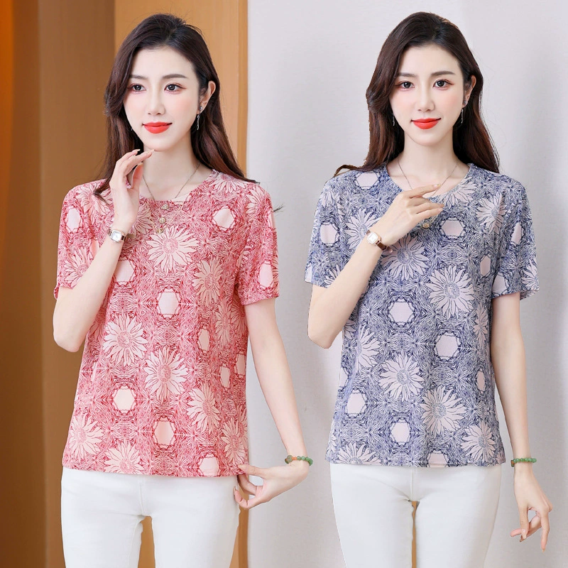 Летний ледяной шелк среднего и пожилого возраста тонкая мамочка большого размера футболка свободного принта